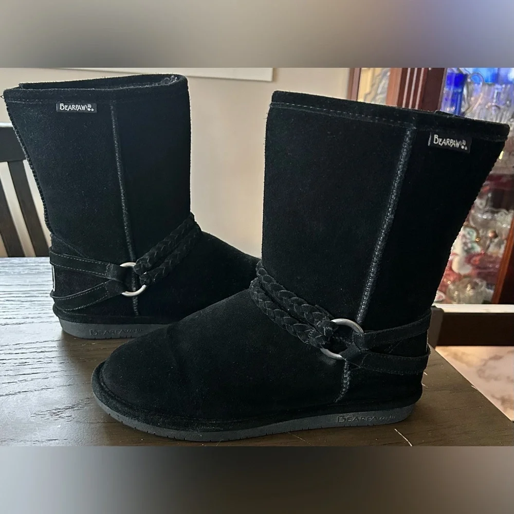BearPaw Adele Women's Black Suede Winter Boots with Braided Strap & Buckle - Picture 4 of 9